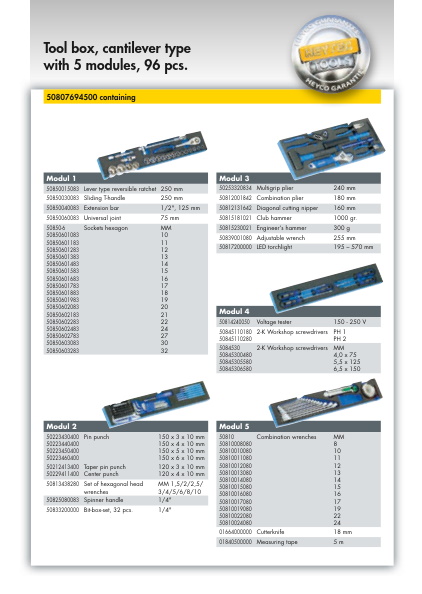 Tool box, cantilever type with 5 modules, 96 pcs